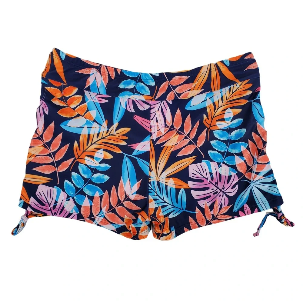 Holipick Tropical Floral Ruched Swim Board Shorts Large Navy Blue‎ Stretch New